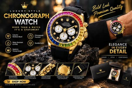 Luxury Rainbow Bezel Chronograph Watch for Men – Gold & Black