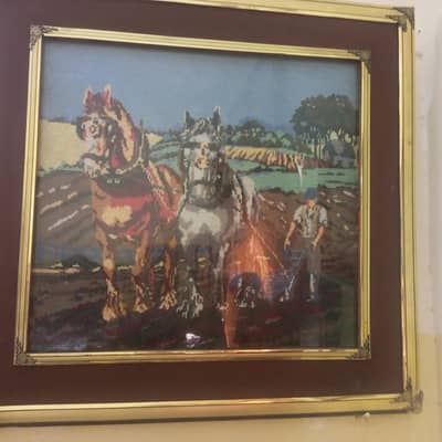 Vintage Handmade Cross Stitch Tapestry - 2 Horses Ploughing Scene