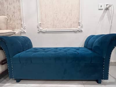 Royal Teal Blue Velvet Chaise Bench with Silver Stud Detail