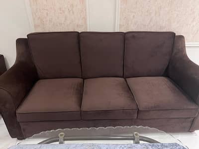 Premium 5-Seater Chocolate Brown Velvet Sofa Set + Glass Center Table