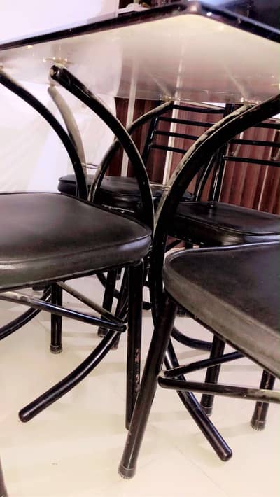Complete 4 seater Iron Dining Table with Printed Glass Top + 4 chairs