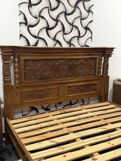 Walnut wood king size bed with dressing table and 2 side tables