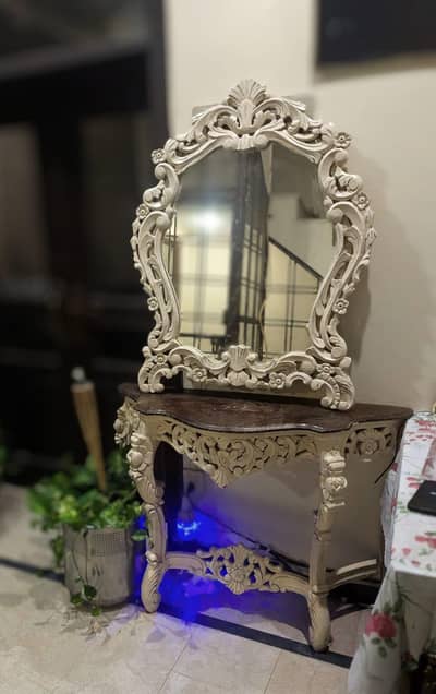 Royal Style Carved Wood Console + Mirror Set