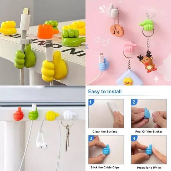 T  humb 5/10 Pcs Self-Adhesive Wall Decoration Hook Creative Silicone Thumb Key Hanger Hook Home/Office Data Cable Clip Wire Desk Organizer