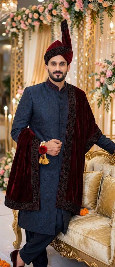 Premium Quality Black Groom Sherwani with Shawl, Complete Inner Suit