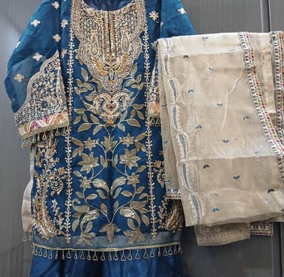 Teal Blue Heavy Embroidered Formal 3pc dress -Shirt+Gharara+Dupatta