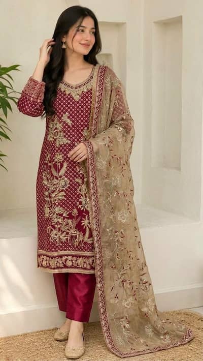 Stitched 3-Piece Deep Maroon & Gold Heavy Embroidered Formal Suit