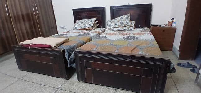 Single Beds Set (2 Beds) with Side Table, Wooden, Good ConditionSingl