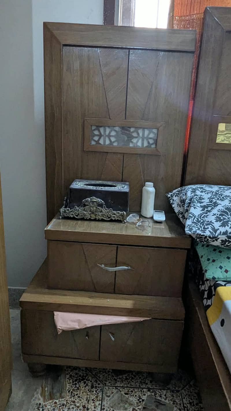 complete bed set with cupboard, side table & wardrobe. 12