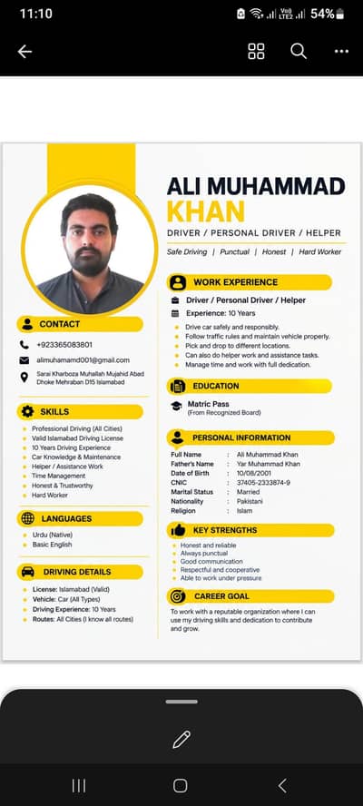 Driver Valid Lincence 10 Year exp Islamabad