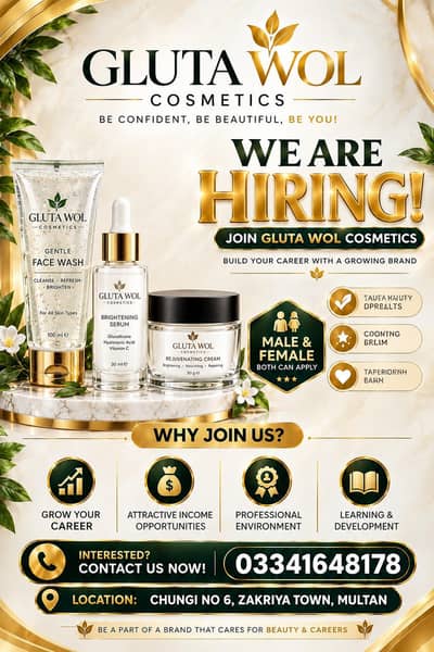 We are Hiring Male & Female staff in Cosmetics Brand