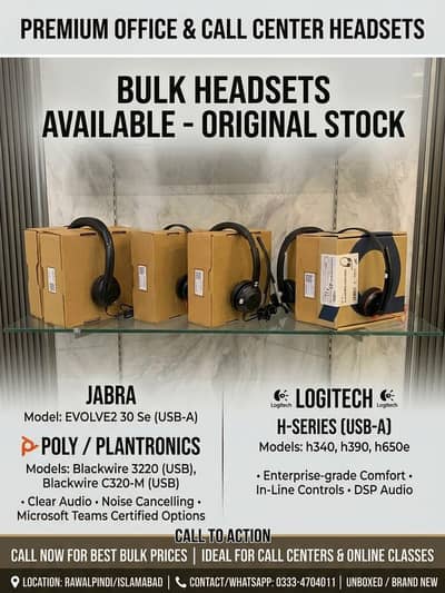 Headsets – Jabra, Poly/Plantronics, Logitech (USB)