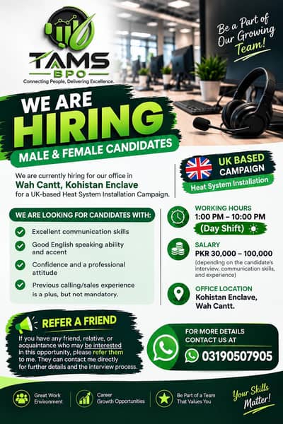 Hiring Male & Female Call Center Agents – Day Shift | Wah Cantt