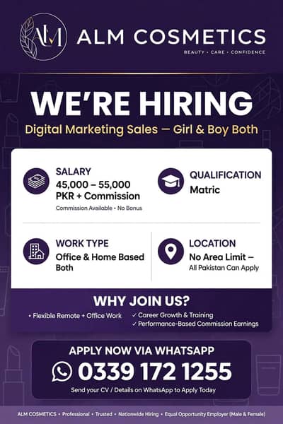 Hiring male and female staff for office and home base work