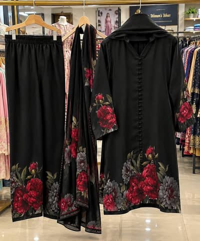 Black floral printed 3pc lawn suit long shirt with plazo & dupatta