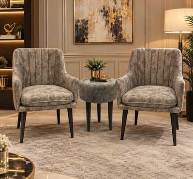 2 Turkish Sofa Chairs - Coffee Wooden Centre Table With Puffy