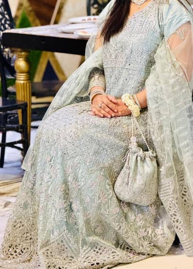New fully embrioded Silver Maxi with organza dupatta & potli