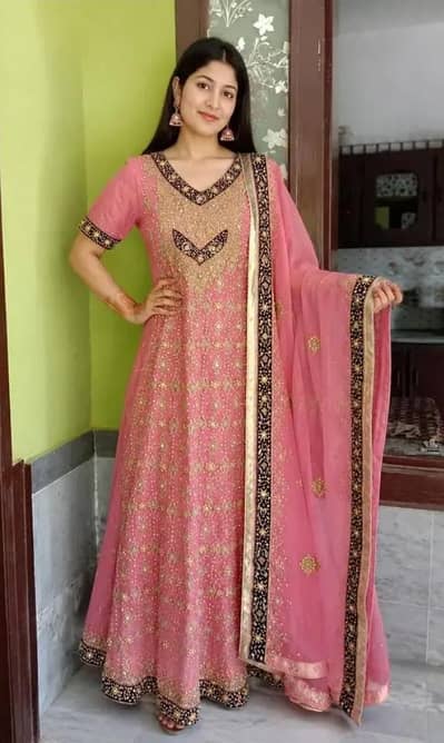 Elegant Pink Embroided Paarty Wear Dress With Beautiful Gold Work
