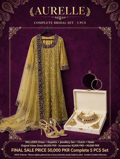 Mustard Mehndi Heavy Embroidered 6Pcs Bridal Maxi Dress Size Small