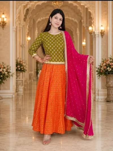 Elegant Olive green and orange Festive Lehnga With Pink dupatta