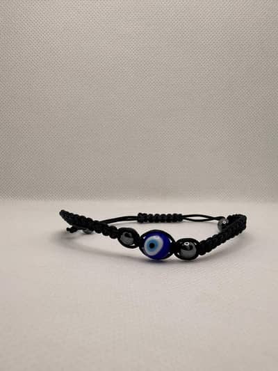 Evil Eye Adjustable Bracelet | Black Braided with Hematite Beads