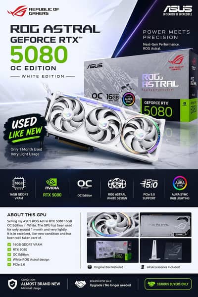 ASUS Rog Astral RTX 5080 OC White Edition - 1 month used just like new