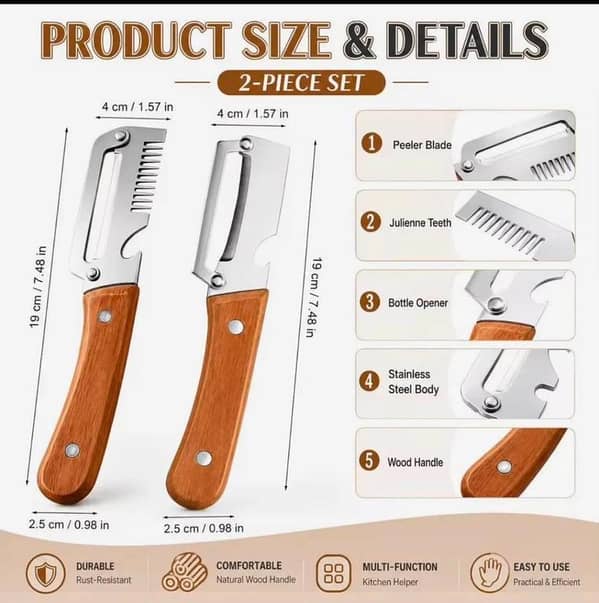 3 In 1 Stainless Steel Vegetable Peeler & Julienne Cutter with Wooden Handle | Multifunctional Vegetable Peeler | Fruit Peeler Potato Carrot Cucumber Slicer | Bottle Opener Kitchen Tool