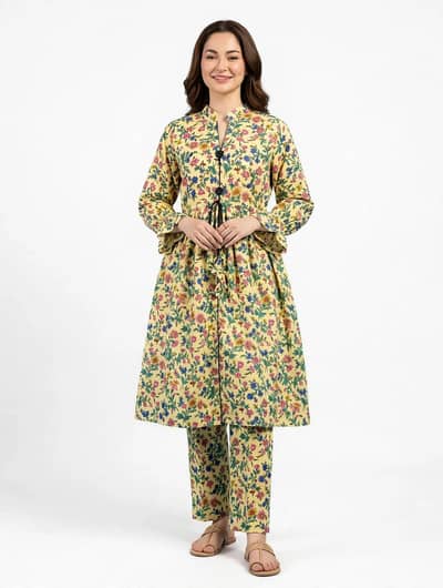 Printed Cotton Frock & Trouser 2 Pcs - Women