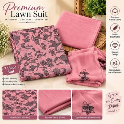 Premium 3-Piece Ladies Lawn Suit – Pink Floral Printed