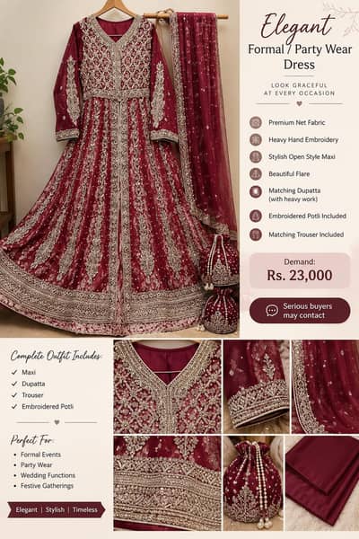 Stunning Maroon Party Wear Maxi |Hand Embroidery | Complete Dress
