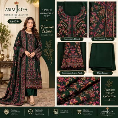 Premium Embroidered Unstitched 3-Piece Suit – Dark Green