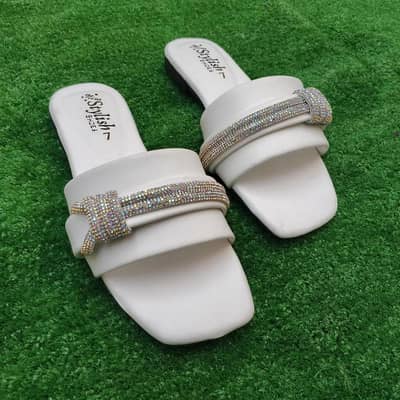 New Stylish Stone Work Ladies Slippers - White - Party Wear Flat