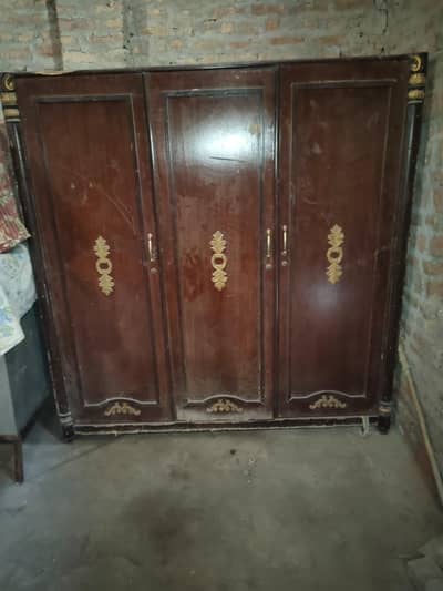 Wooden 3 Door Wardrobe /Almari Design Brown Color with Golden