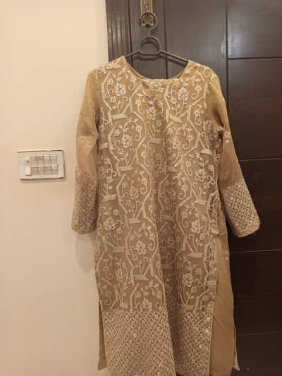 3 piece golden colour fancy  organza suit stitch