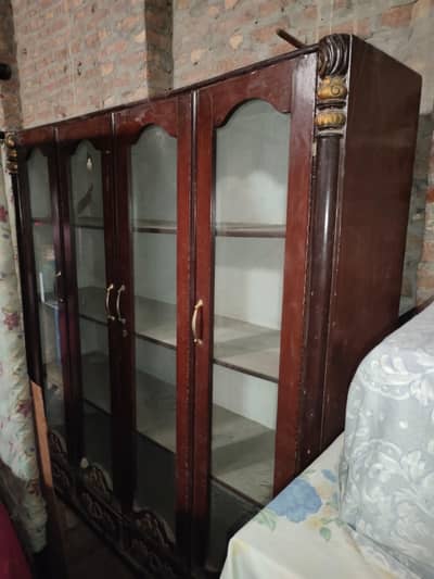 4 Door Wooden Glass Showcase / Almari Multiple Shelves - Brown