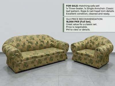 Classic Jacquard Sofa Set (3+1) | Leaf Pattern & Nailhead Trim | Exce