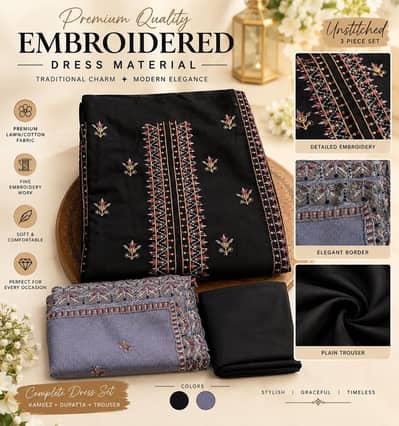  Premium Embroidered 3-Piece Unstitched Dress