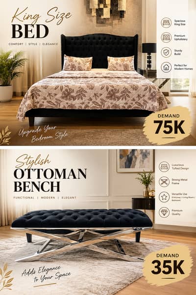 Luxury King Size  Black Suede Upholstered Bed - Ottoman Bench