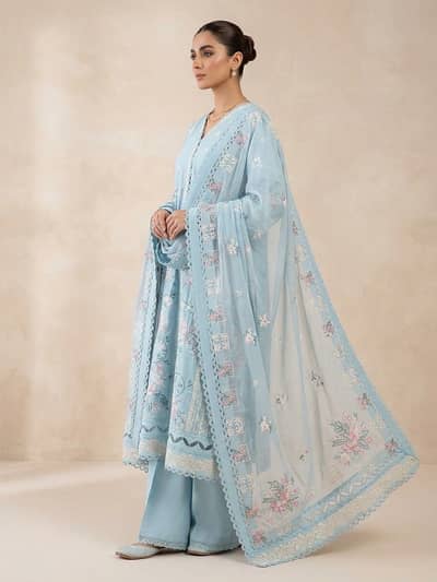 Elegant Ice Blue Floral Embroidered Dress with Organza Dupatta