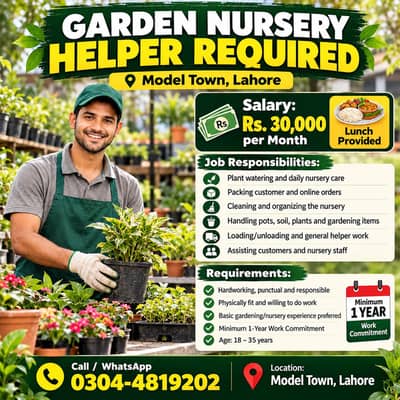 Nursery Helper Required in Model Town Lahore – Salary 30,000 + Lunch