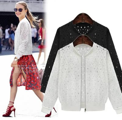 Women's Stylish White Lace Bomber Jacket