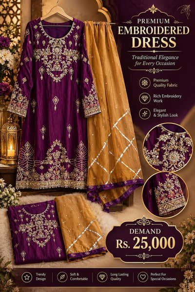 Elegant Embroidered Party Wear Suit – Premium 3 Piece Dress