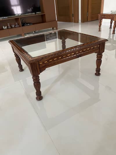 Set of 3 wooden Glass top Coffee tables