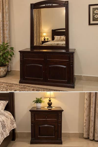 bed set with side tables and dresser