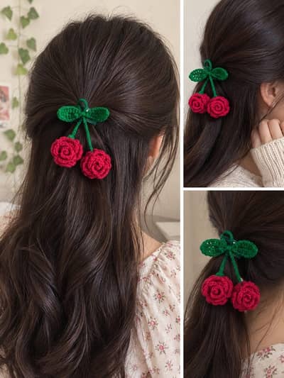 ​Hand Made Crochet Red Rose Hair Clip for Girls & Kids
