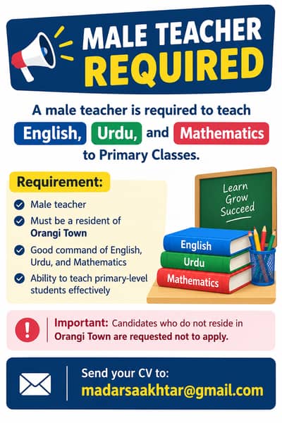 Male teacher required in orangi town to teach primary classes