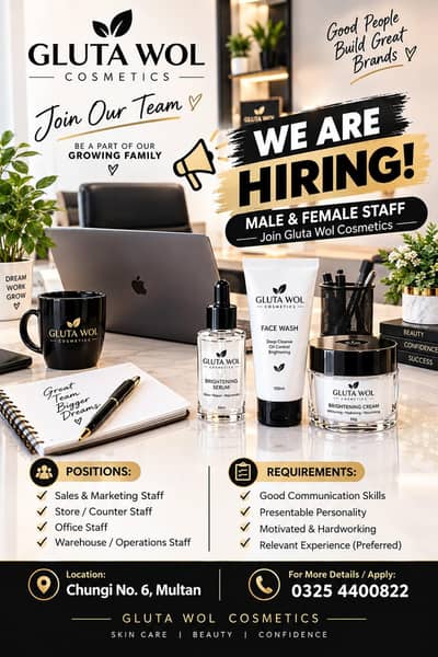 We Are Hiring Mele & Female staff