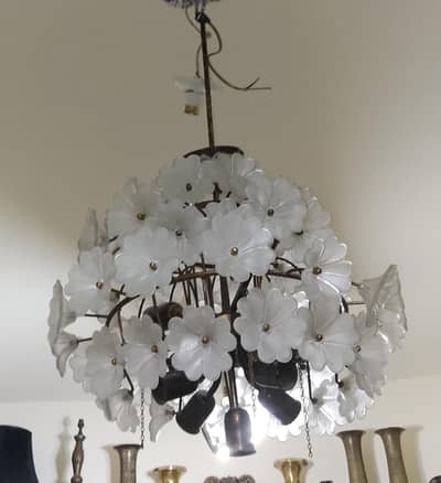 Vintage Brass Floral Chandelier – Heavy Solid Glass Shades