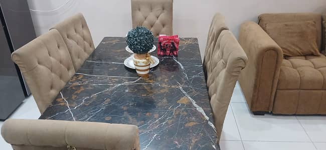Luxury 6-Seater Marble Top Dining Table Set with Cushioned Velvet Chai