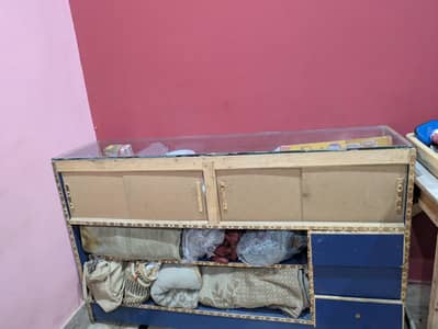 Wooden & Glass Counter, Storage Rack & Table – Used